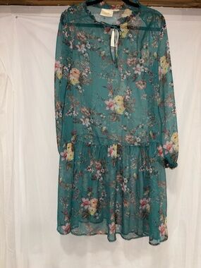Anthropologie Teal Floral Long-Sleeve Tiered Dress